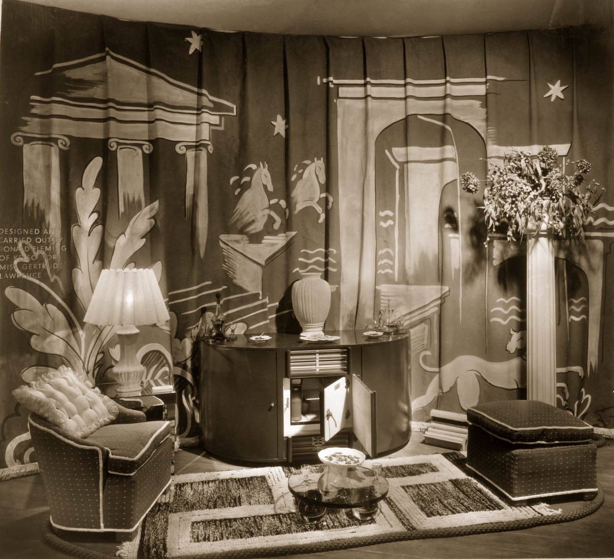 Decorative trade stand at Dorland Hall with hanging textile, 1940s by English Photographer