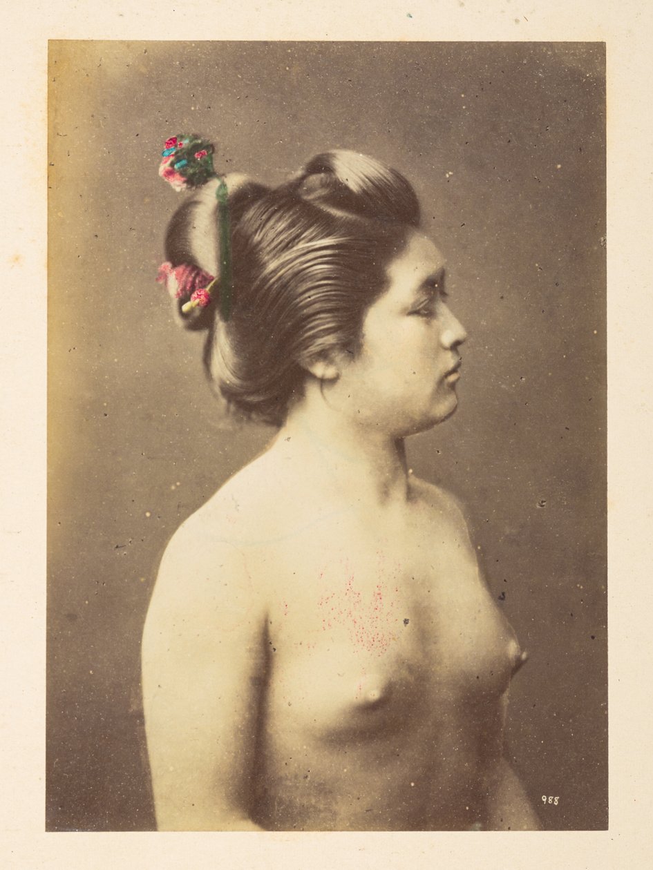 [Japanese] Girls bathing, Half-length right profile portrait of a naked young woman by English Photographer