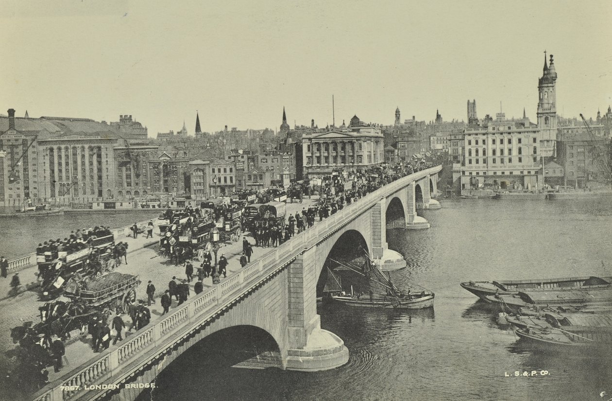 London Bridge: Horse-Drawn Omnibuses and Cart, as well as Pedestrians, Cross the Bridge, 1895 by English Photographer
