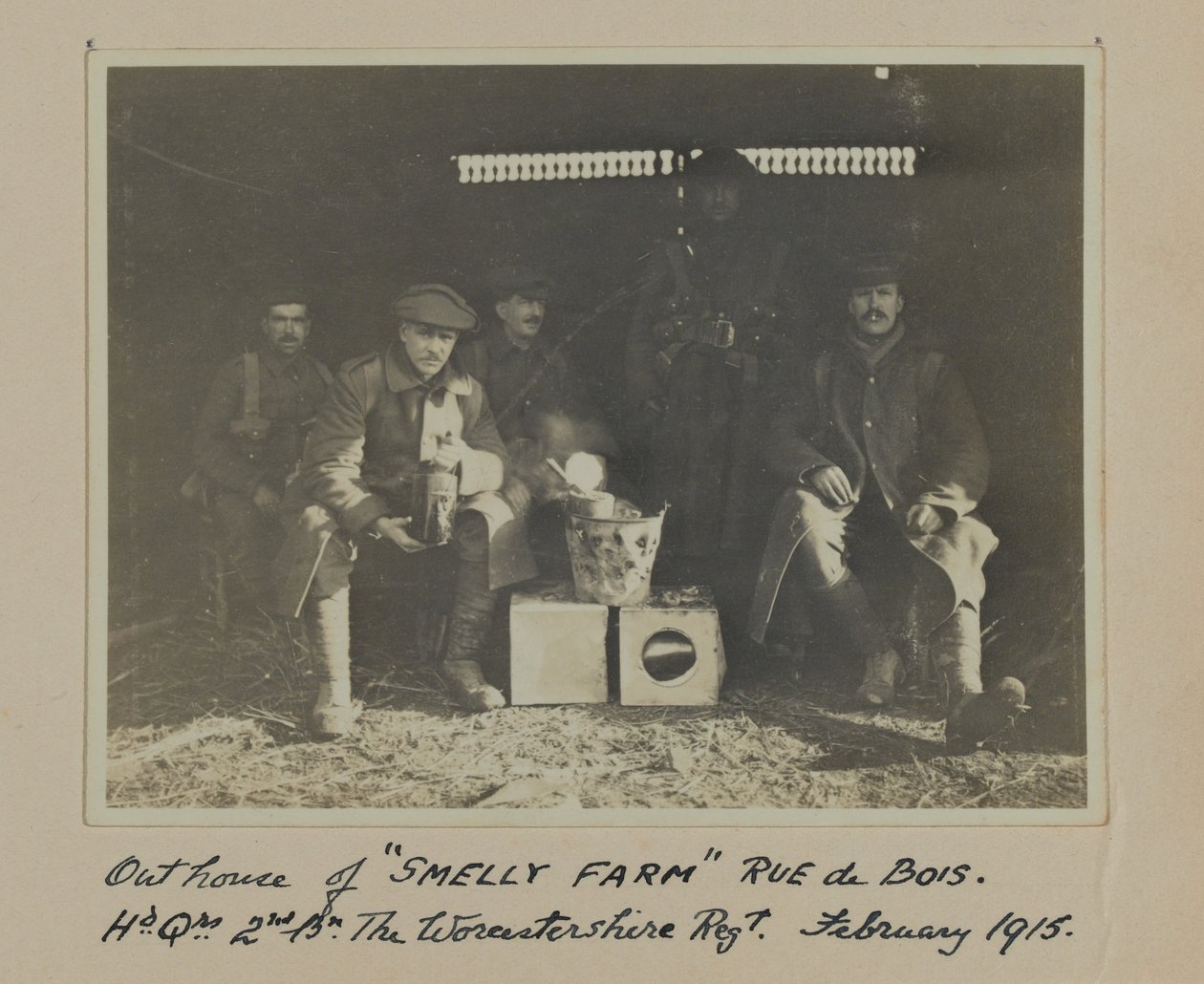 Outhouse of SMELLY FARM Rue de Bois. Hd. Qrs. 2nd Bn The Worcestershire Regt. February 1915 by English Photographer