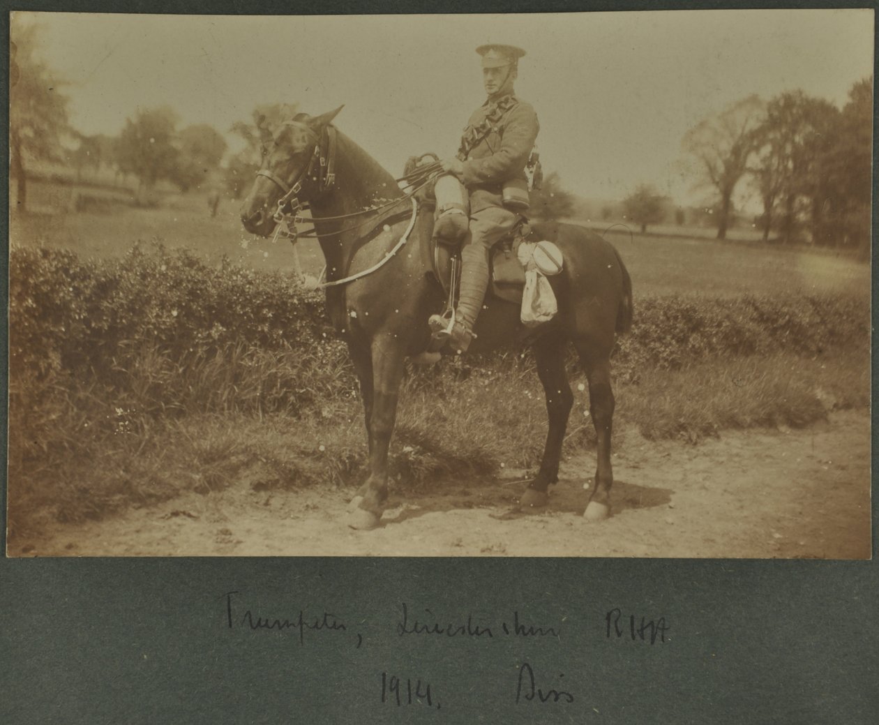 Trumpeter of the Leicestershire Royal Horse Artillery at a training camp at Diss, 1914 by English Photographer