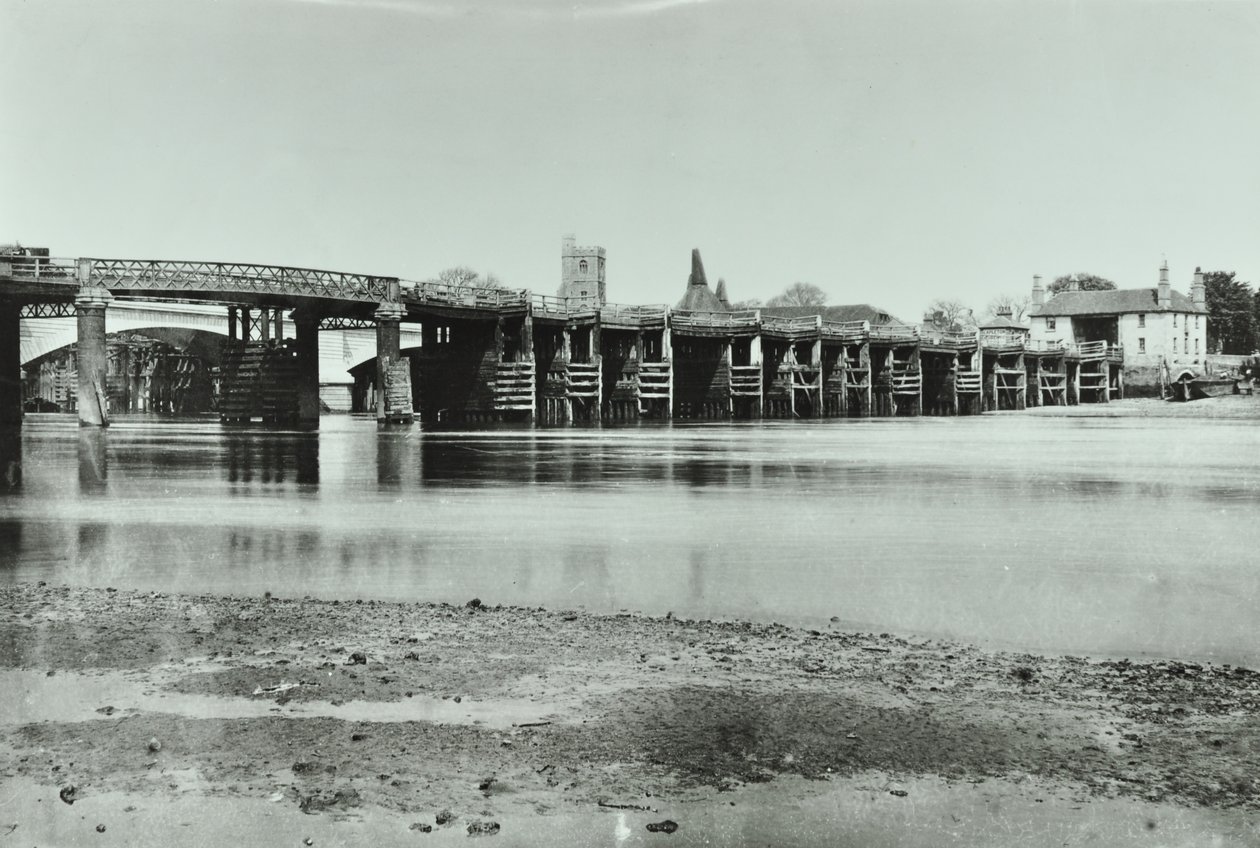 View of Old and New Putney Bridges with Oast House and All Saints Church in Background, 1885 by English Photographer
