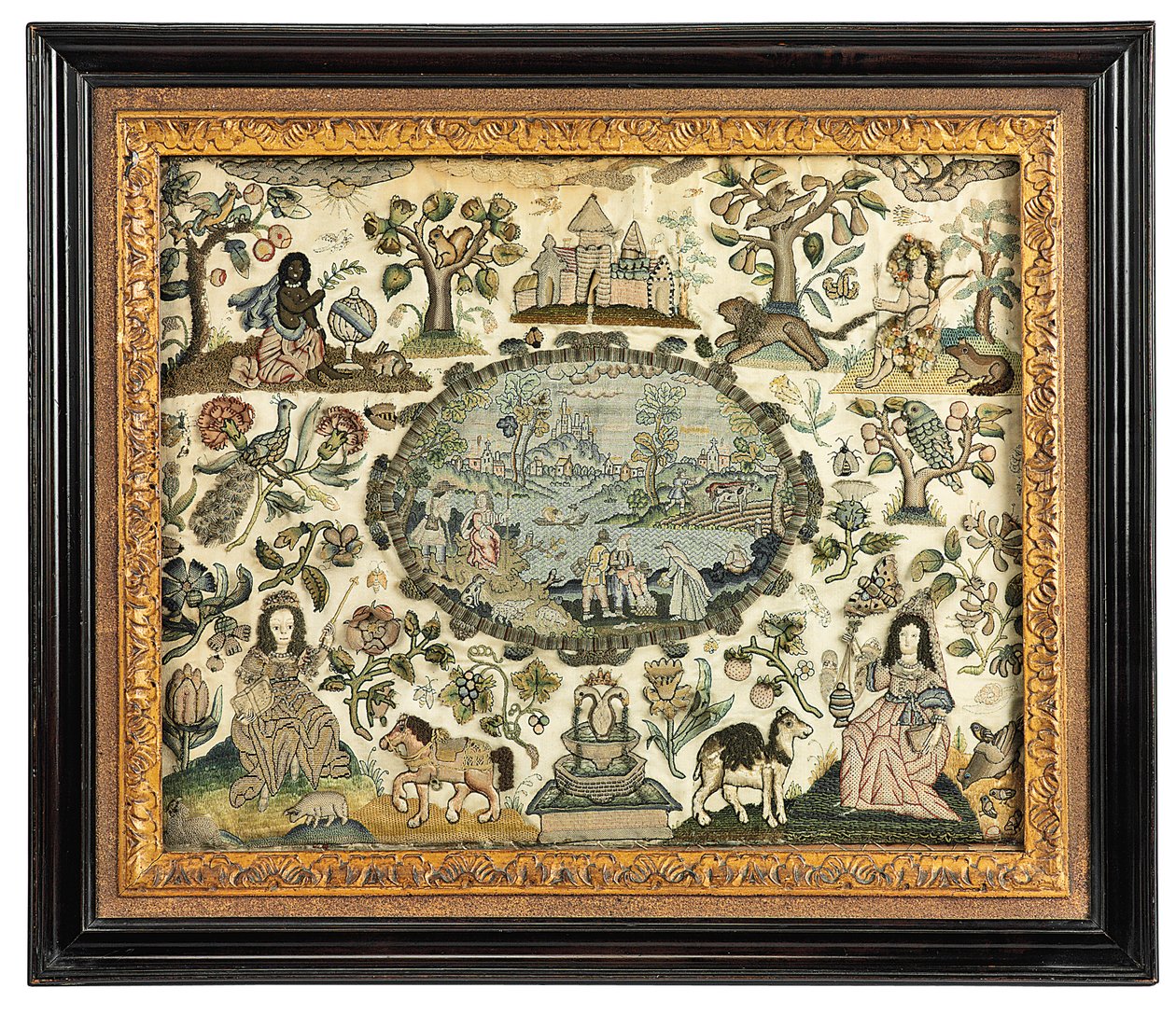 A Charles II Needlework Picture of Africa and the New World, c.1660-70 by English School