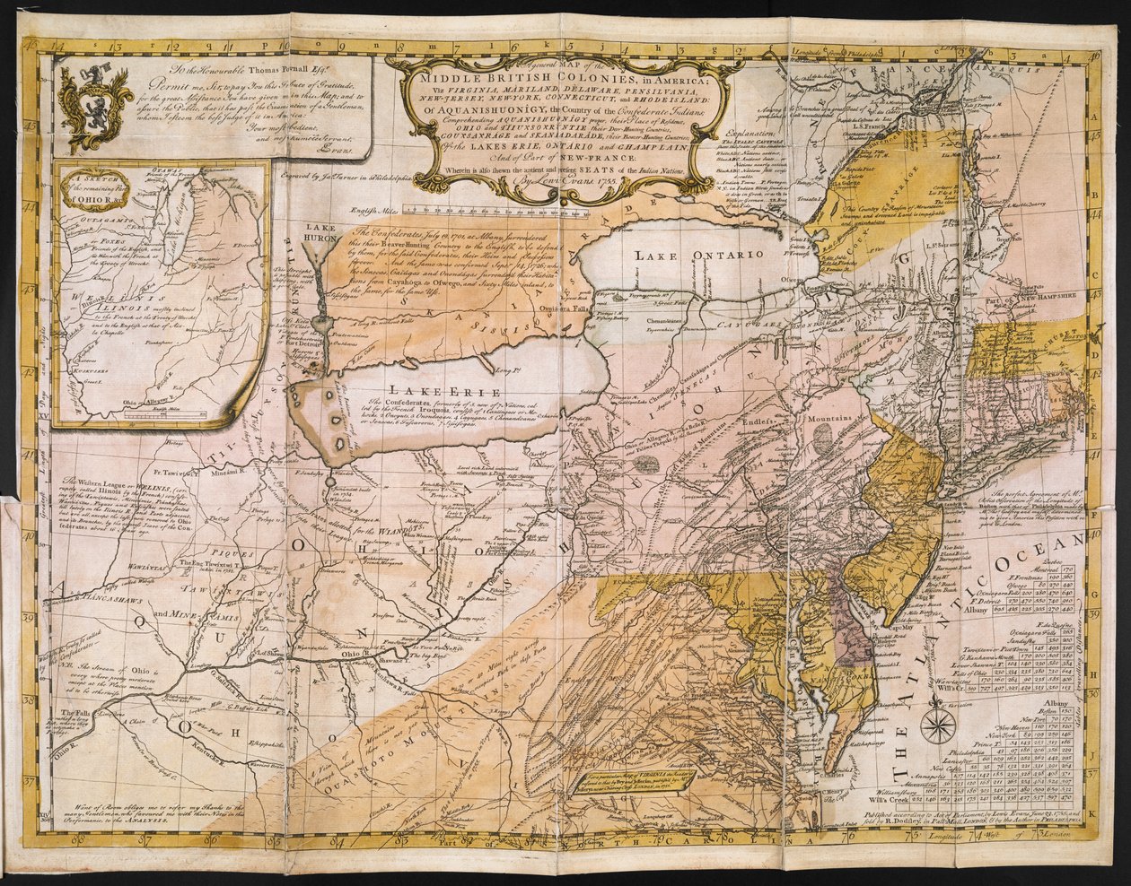 A General Map of the Middle British Colonies in America; viz. Virginia, Maryland, Delaware, Pennsylvania, New Jersey, New York, Connecticut, and Rhode Island: of Aquanishuonigy, the Country of the Confederate Indians... Of the Lakes Erie, Ontario and Ch by English School