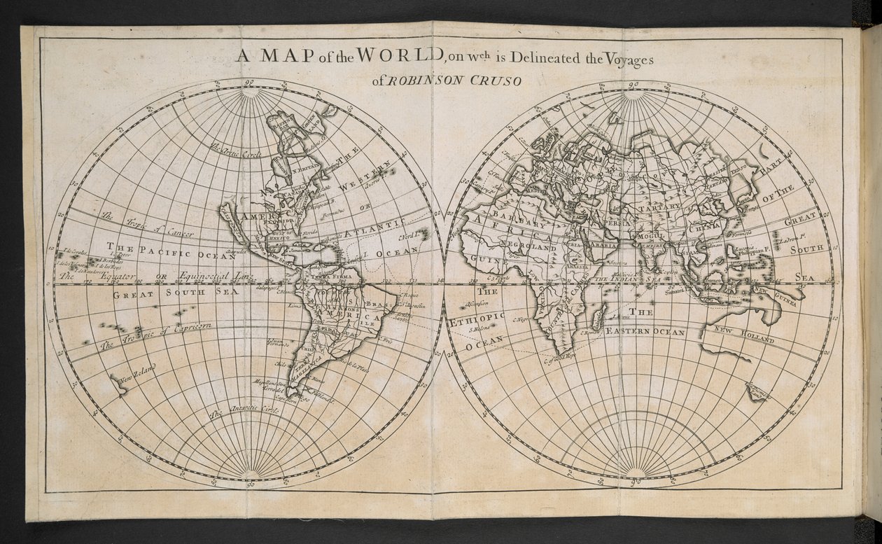 A Map of the World, on which is Delineated the Voyages of Robinson Crusoe by English School
