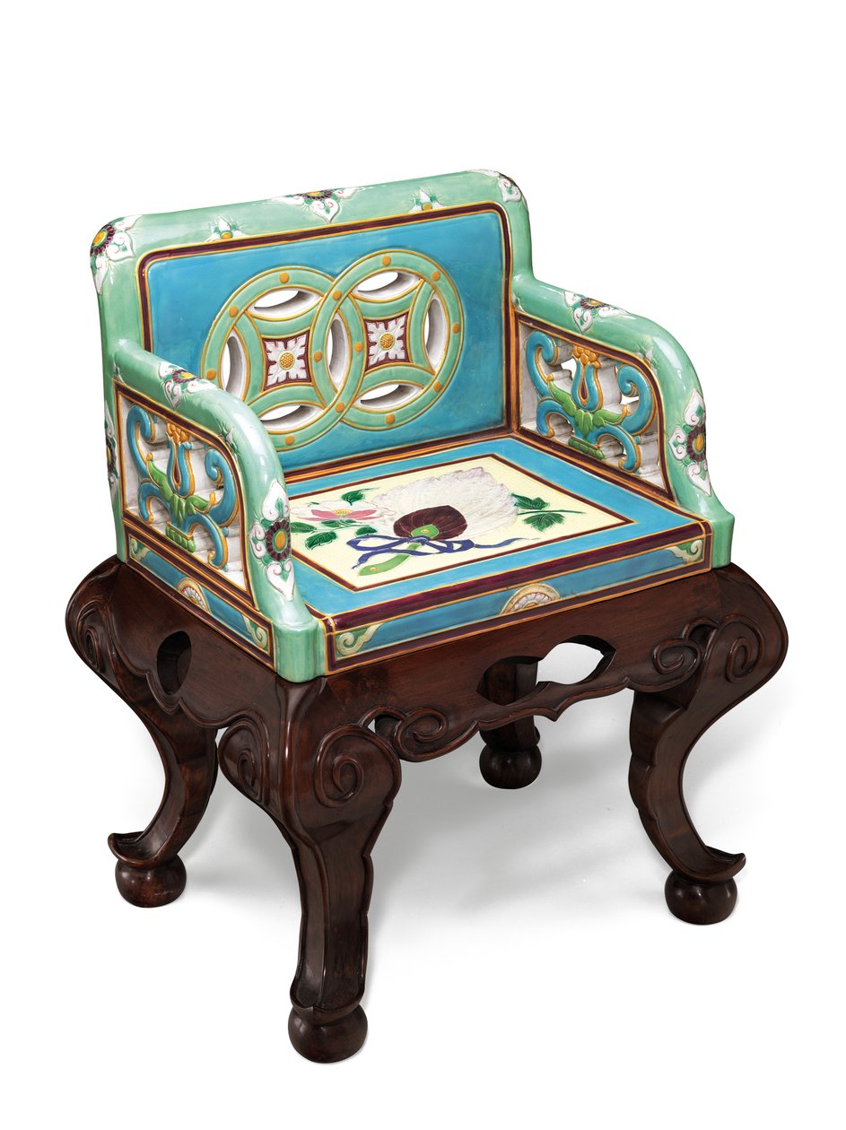 A Minton majolica aesthetic movement turquoise and seafoam-green ground armchair, c.1865 by English School