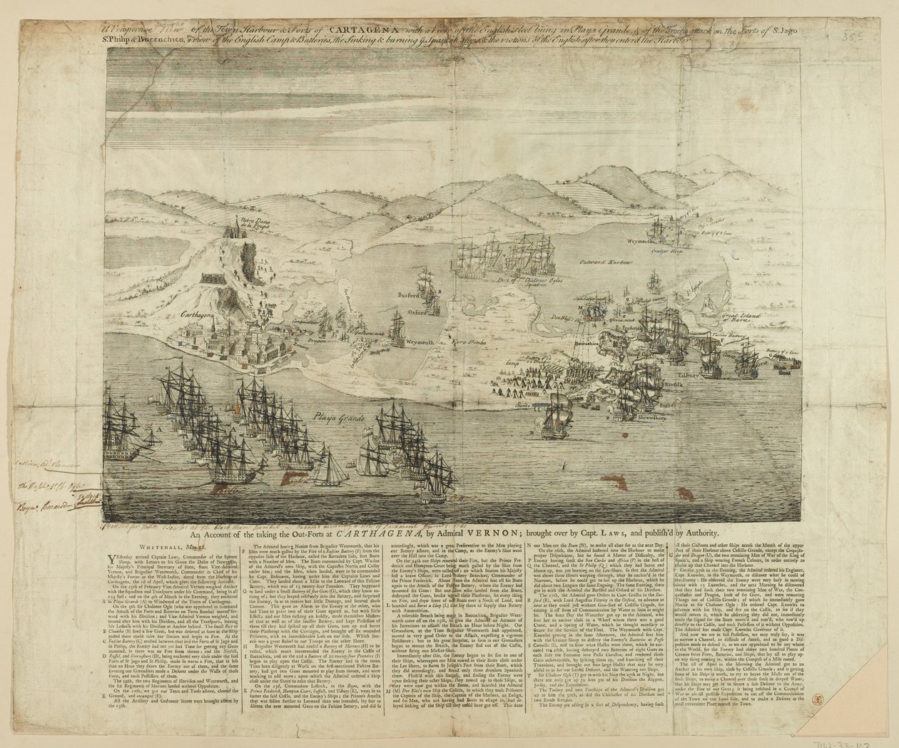 A Perspective Draught of Town, Harbour and Forts of Carthagena in 1739, Published 1741 by English School