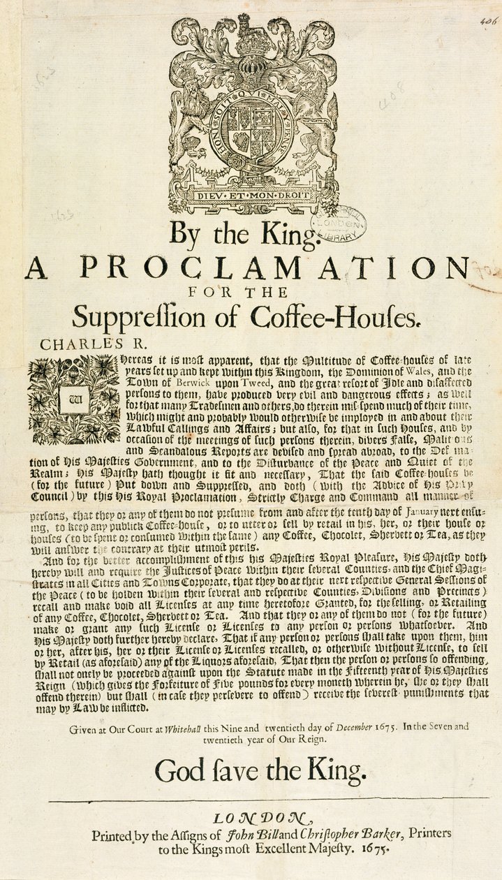 A Proclamation by the King, for the Suppression of Coffee Houses by English School