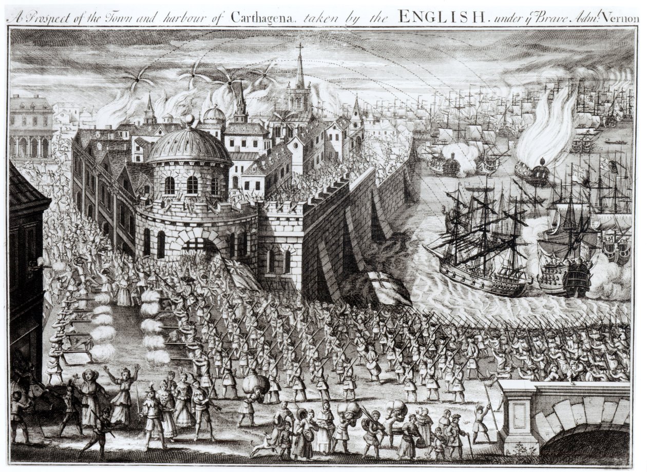 A Prospect of the Town and Harbour of Carthagena, taken by the English under the brave Admiral Vernon, 1741 by English School