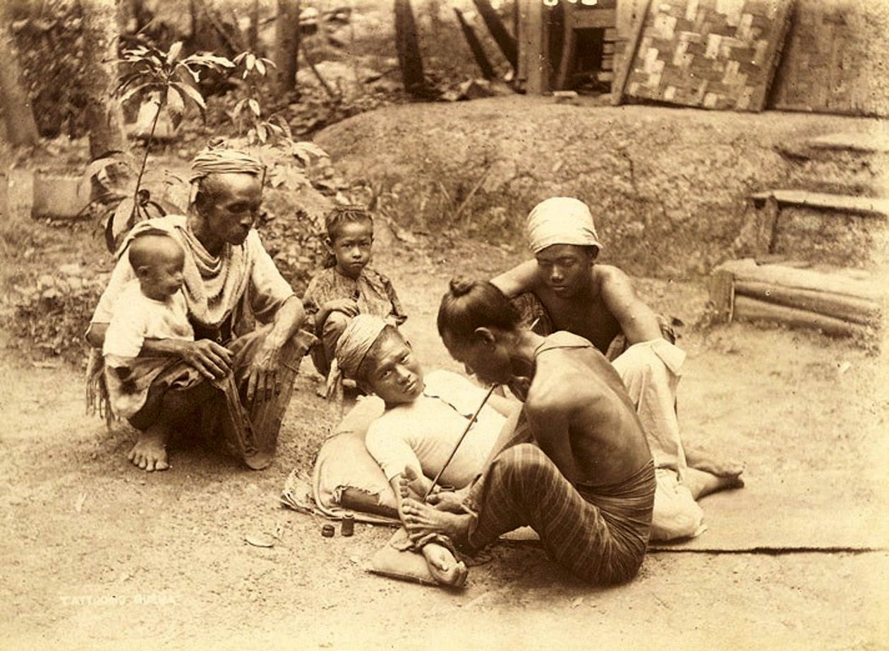 A Shan man being Tattooed, 1890 by English School