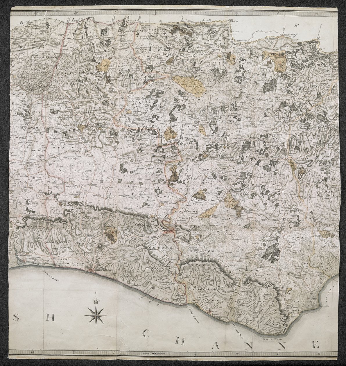 A Topographical Map of the County of Sussex, divided into Rapes, Deanries, and Hundreds. Planned from an actual Survey by a scale of one inch to a statute mile by English School