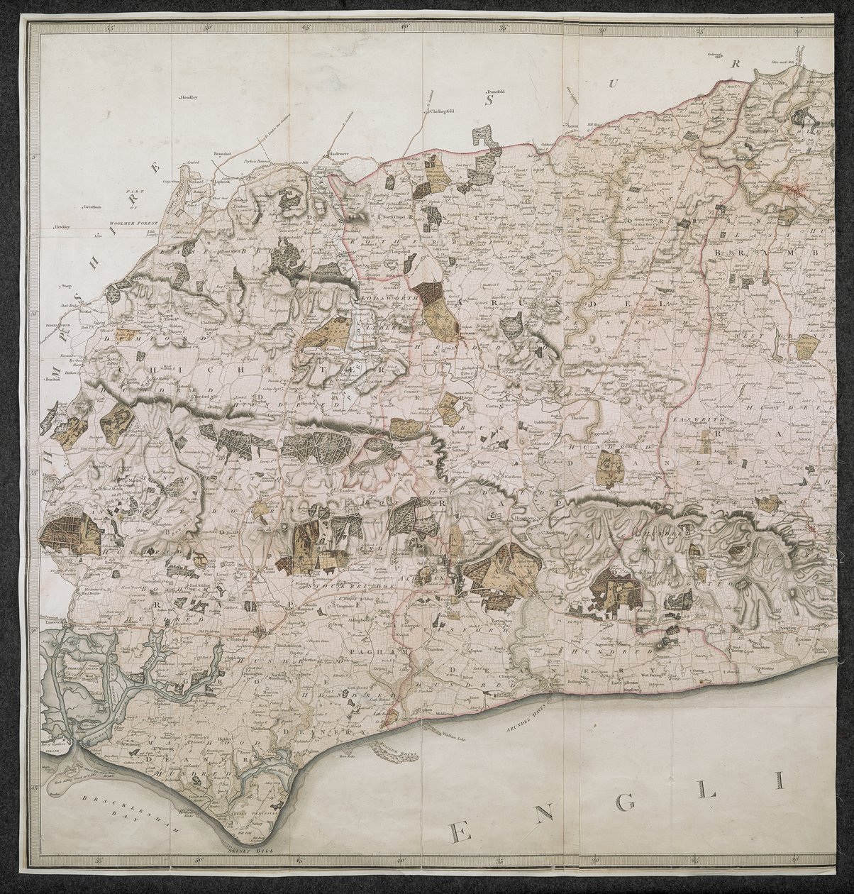 A Topographical Map of the County of Sussex, divided into Rapes, Deanries, and Hundreds by English School