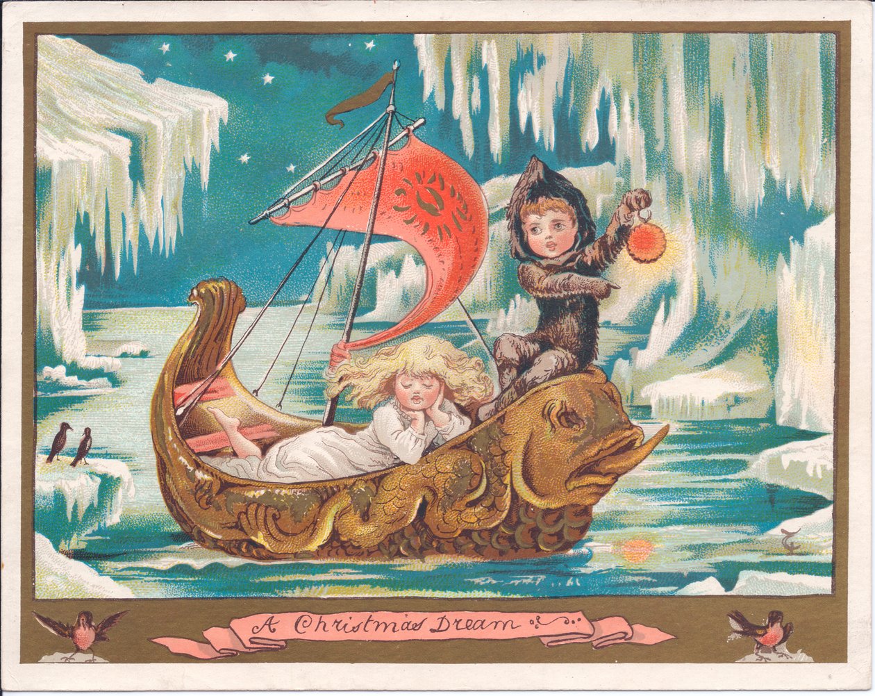 Victorian Christmas Card of a Girl Fairy Asleep in an Ornate Dolphin Boat on a Frozen Sea While a Boy Fairy is Holding a Lamp, c.1880 by English School