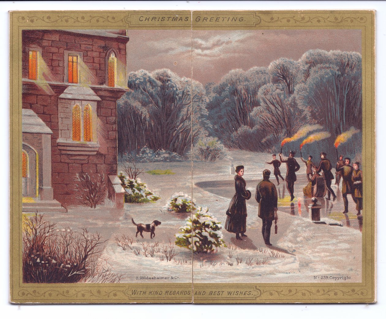 A Victorian Christmas Card of Skaters with Flaming Torches Skating on a Frozen Lake in Front of a Mansion with Onlookers and a Dog by English School