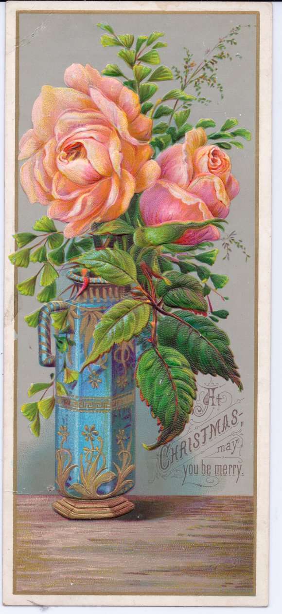 Victorian Christmas Card with Roses in a Blue Vase, c.1880 by English School