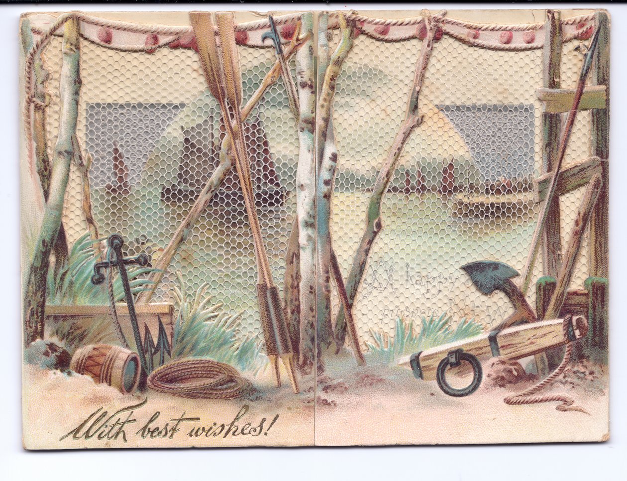 A Victorian greeting card of sailing ships seen through a gauze screen, c.1880 by English School