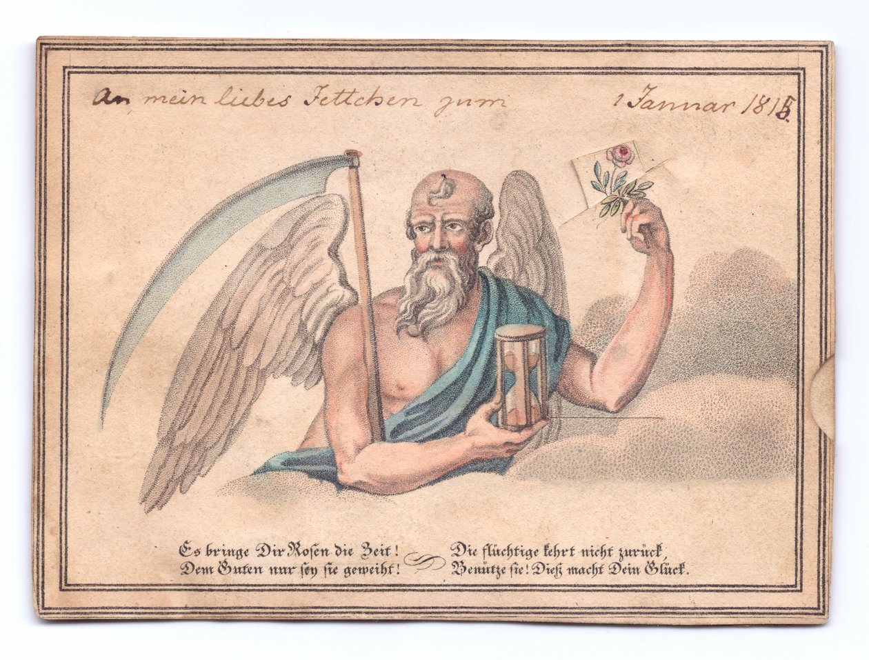 Victorian Greeting Card of the Grim Reaper with a Scythe and Hourglass Holding a Rose by English School