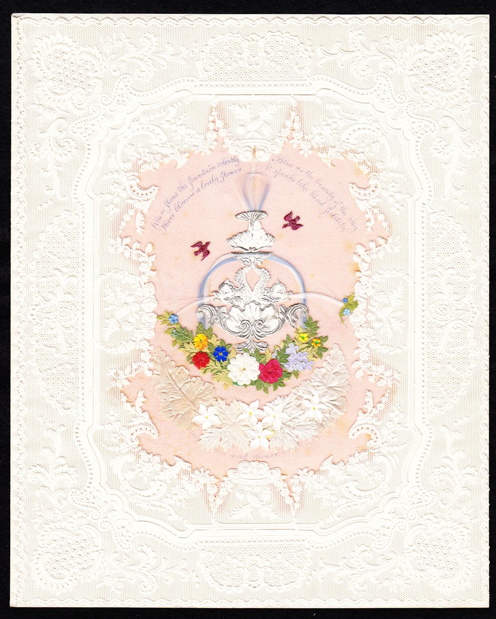Victorian Paper Lace Valentine Card of a Fountain with Flowers, c.1870 by English School