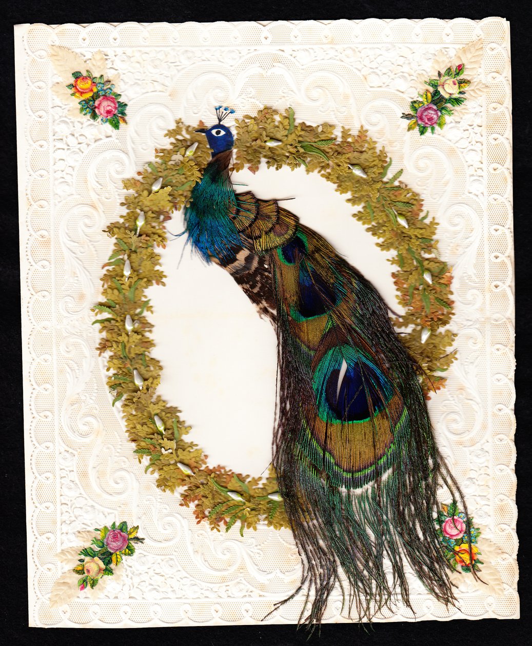 Victorian Paper Lace Valentine Card of a Peacock with Genuine Peacock Feathers, c.1870 by English School