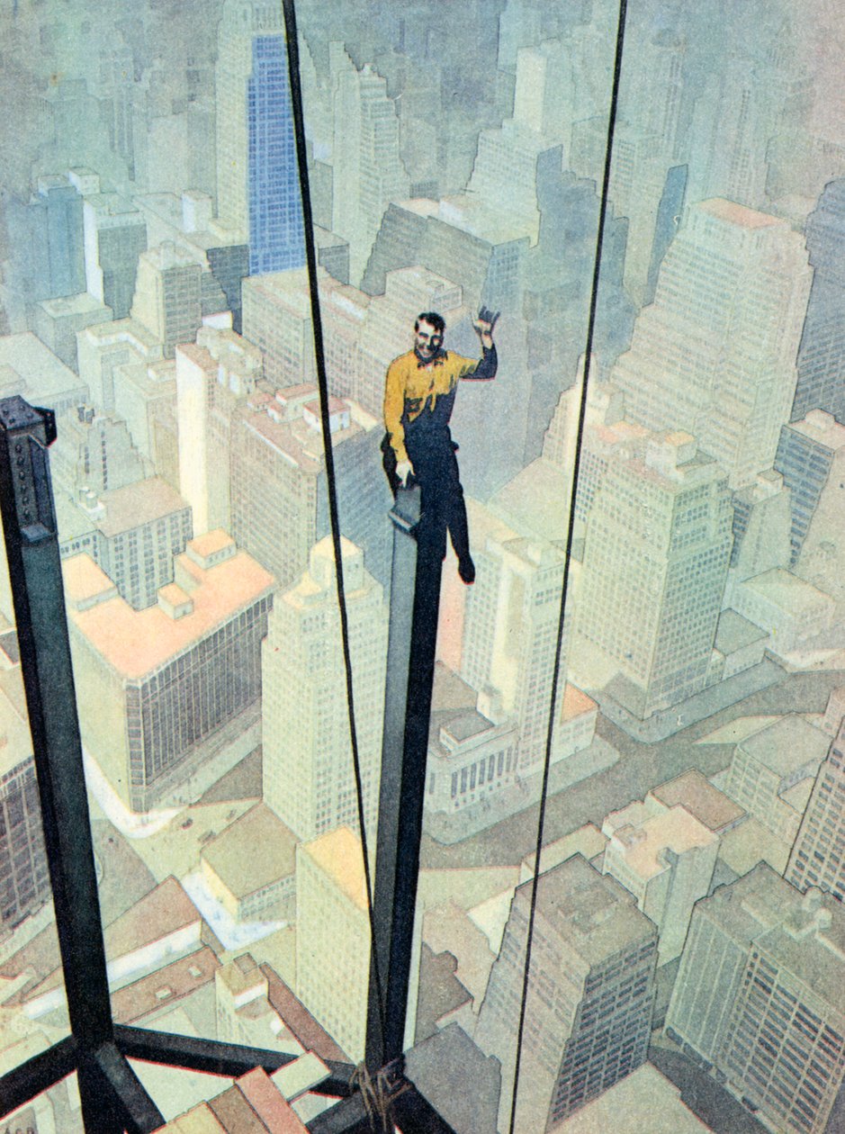 A Workman on a Dizzy Perch, High Up Above New York by English School
