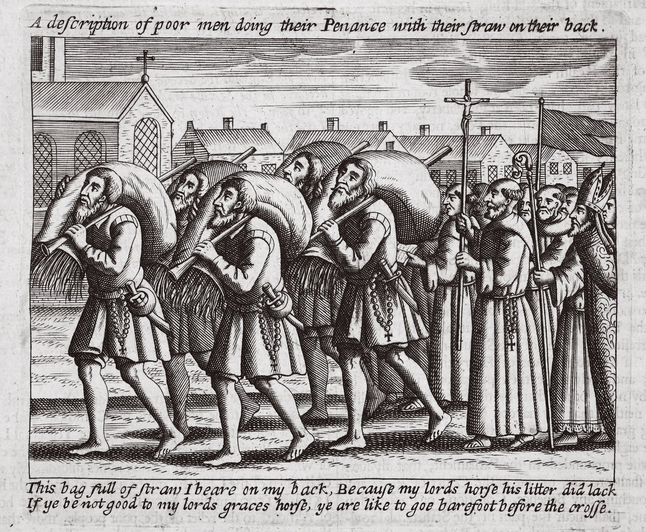 A description of poor men doing their Penance with their straw on their back, illustration from Acts and Monuments by John Foxe, ninth edition, pub. 1684 by English School