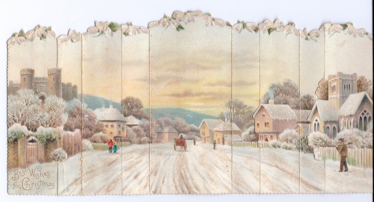 Victorian Christmas Card of a Castle and Church with a Man Carrying a Spade in the Snow by English School