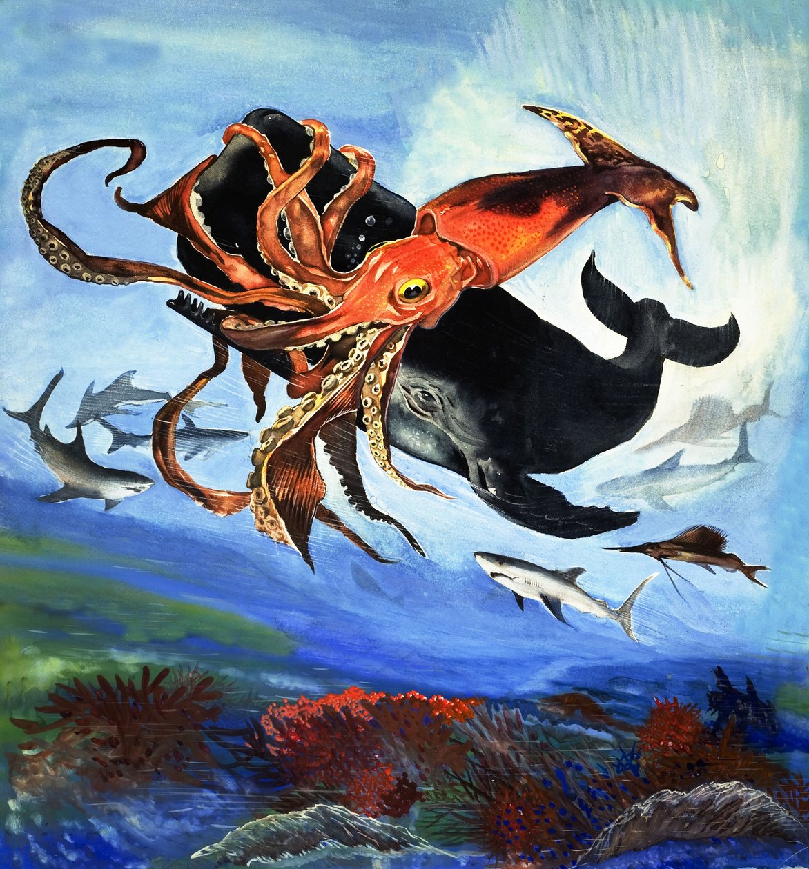 A Giant Squid Fights for Its Life Against the Sharp Teeth of a Sperm Whale by English School