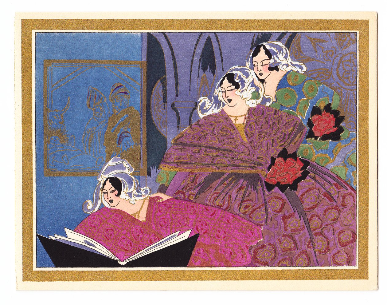 A hand-coloured French Pochoir Christmas Card depicting three ladies singing from a song book by English School