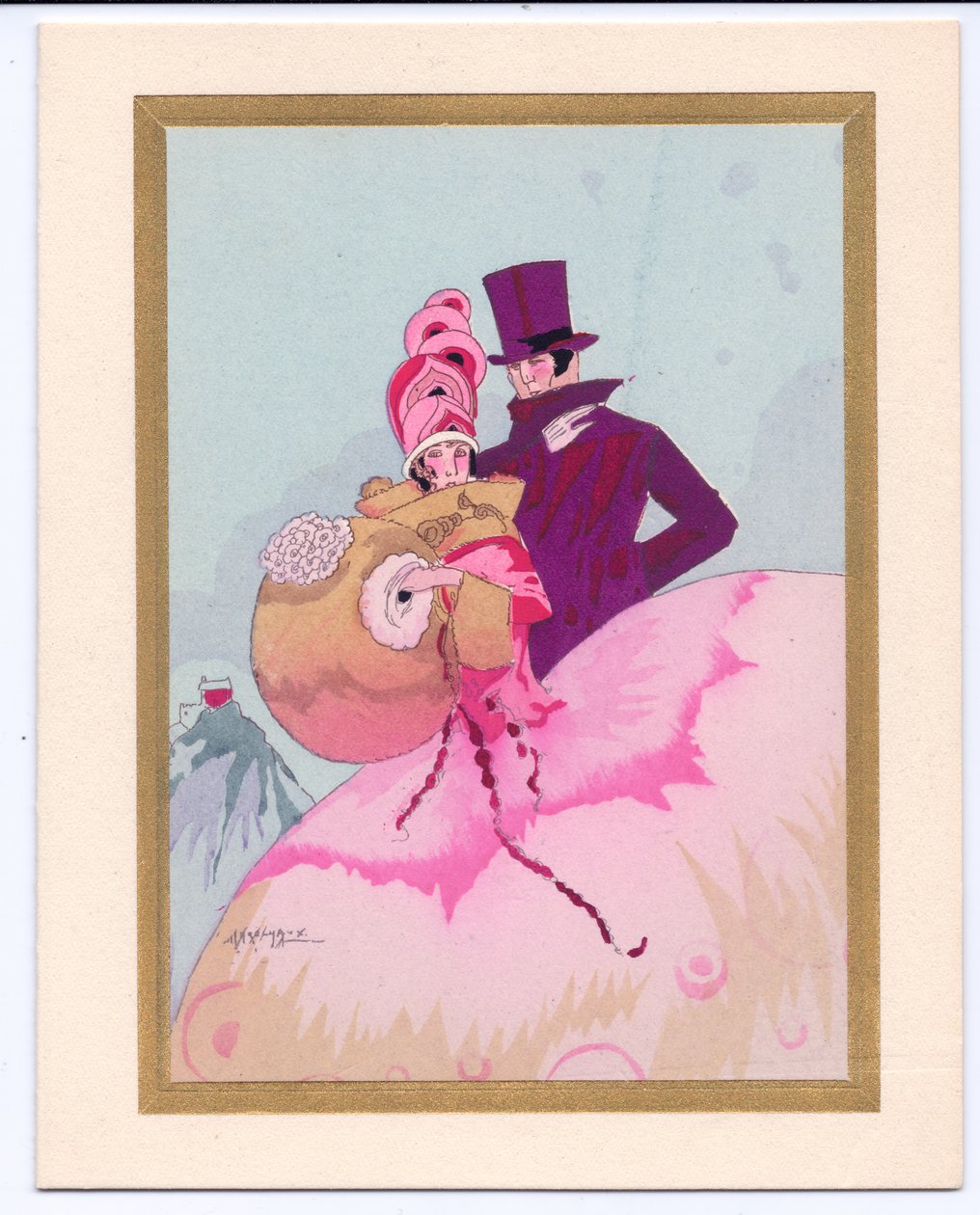 Hand-Coloured French Pochoir Christmas Card of a Regency Lady with a Muff, Accompanied by a Gentleman in a Top Hat by English School
