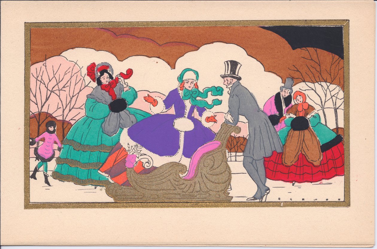 French Pochoir Christmas card of Victorian ice skaters with a sleigh, circa 1920 by English School