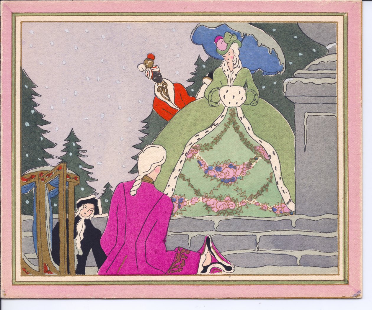 French Pochoir Christmas Card, circa 1920 by English School