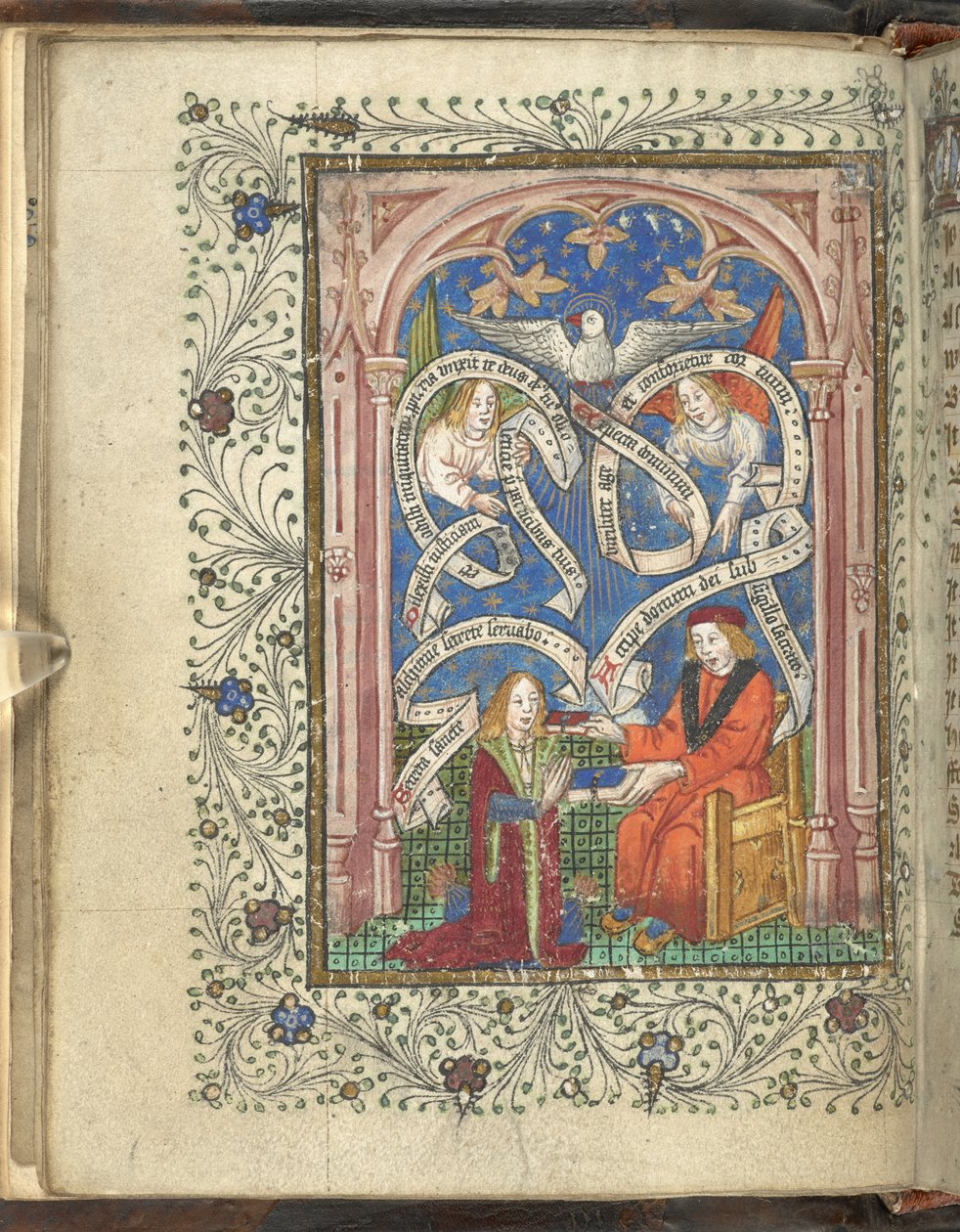 A kneeling pupil, perhaps representing the author, Norton, receiving a book from his master, with angels, written scrolls and a dove above. Ordinal of Alchemy. Thomas Norton 4th quarter of the 15th century by English School