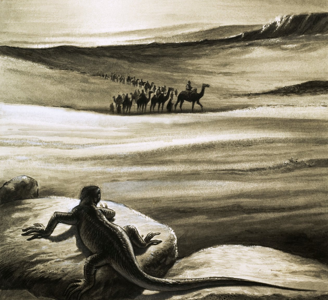 A Lizard Watching a Camel Train Crossing the Desert by English School