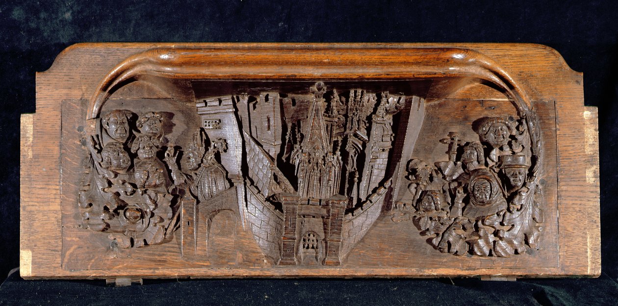 A misericord depicting a walled town with a gateway with a raised portcullis, New College Chapel, Oxford, late 14th century by English School