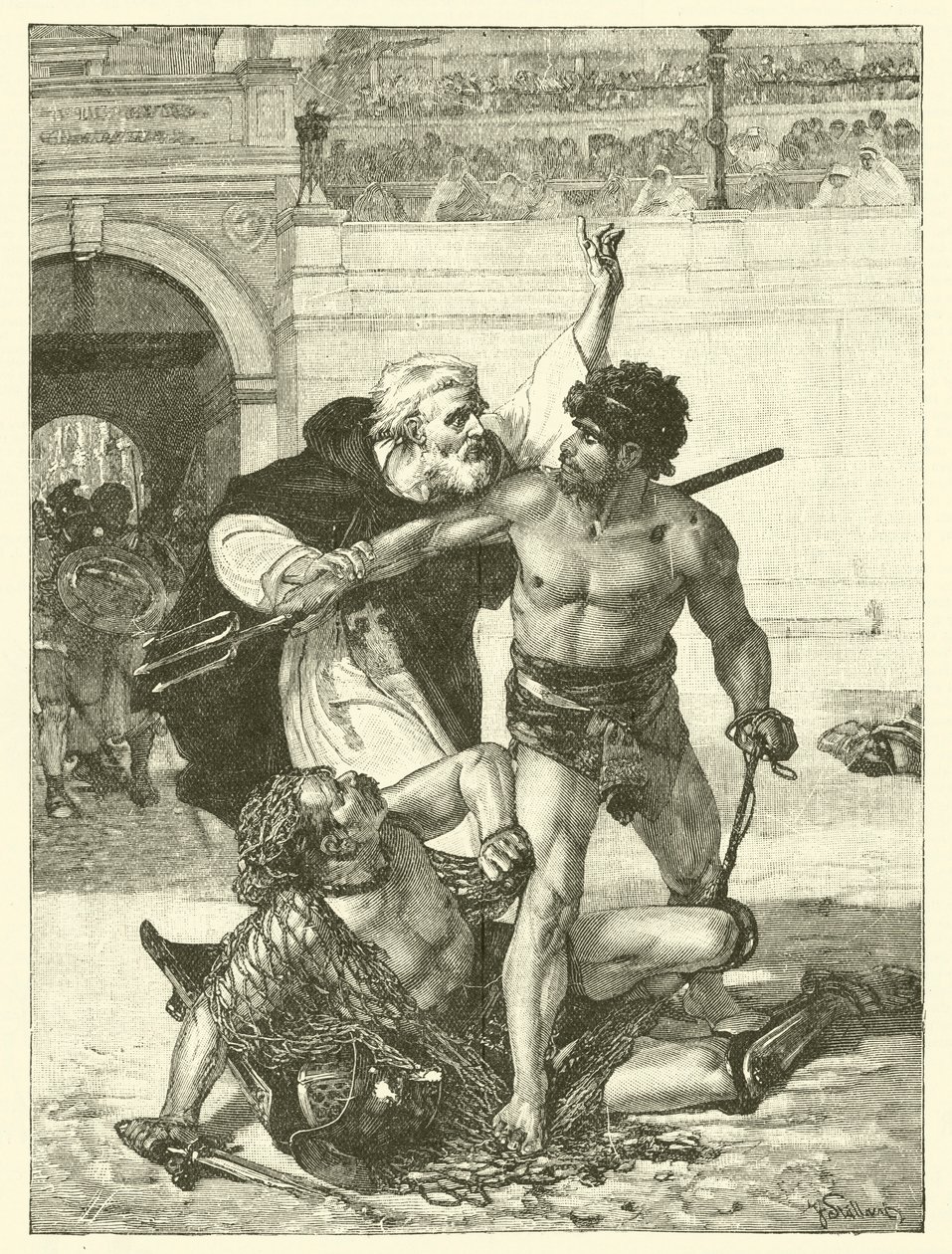 A Monk, Telemachus, Trying to Stop the Gladiatorial Games at the Colosseum, Rome (engraving) by English School