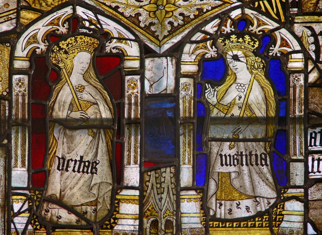 A panel in the east window depicting the Cardinal Virtues: Truth (Veritas) and Justice (Iustitia) by English School