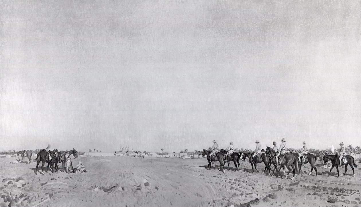 A Patrol of 14th Hussars with Commanding Officer Lieutenant Colonel R.W. Hewitt DSO Approaching to Take Turkish Surrender at the Surrender of Kazimain, March 11th 1917 by English School