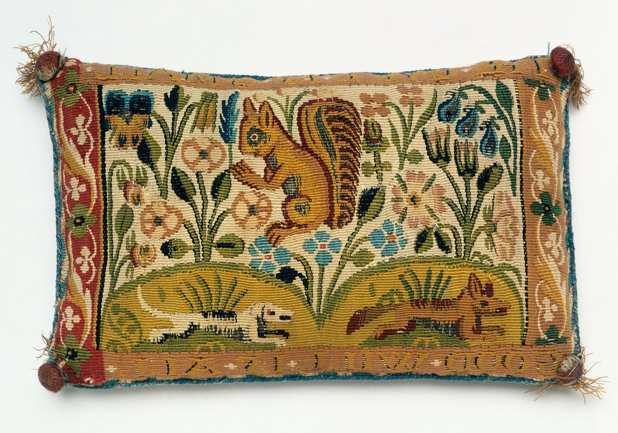 A Pin Cushion Tapestry Panel with a Squirrel and Motto, 