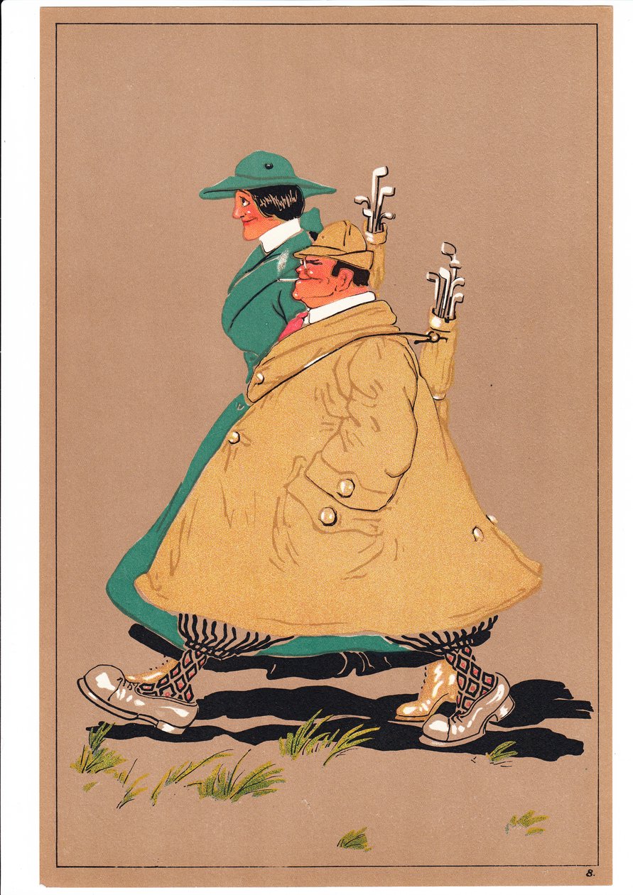 A print of two golfers in comic and humorous postures by English School