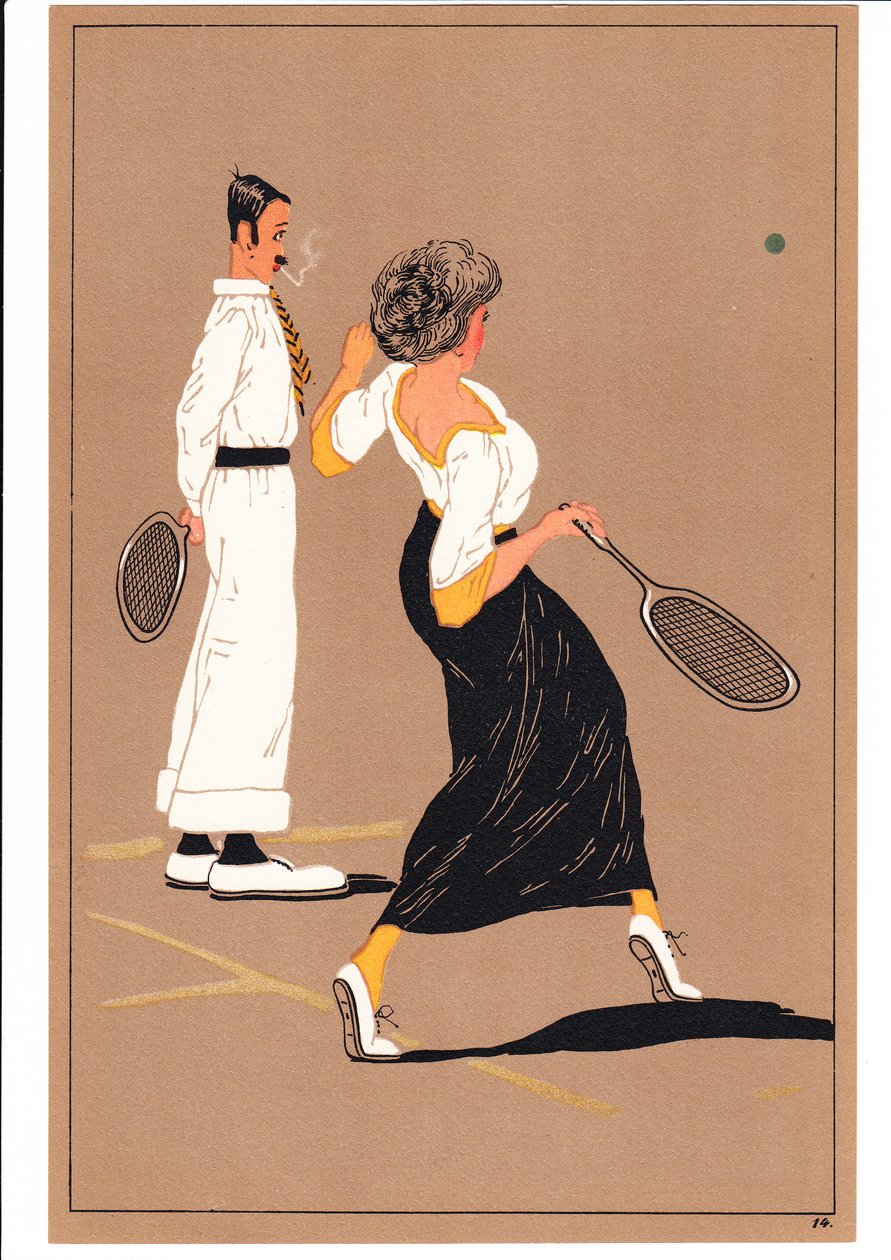 A Print of Two Tennis Players in Comic and Humorous Postures, c.1920 by English School