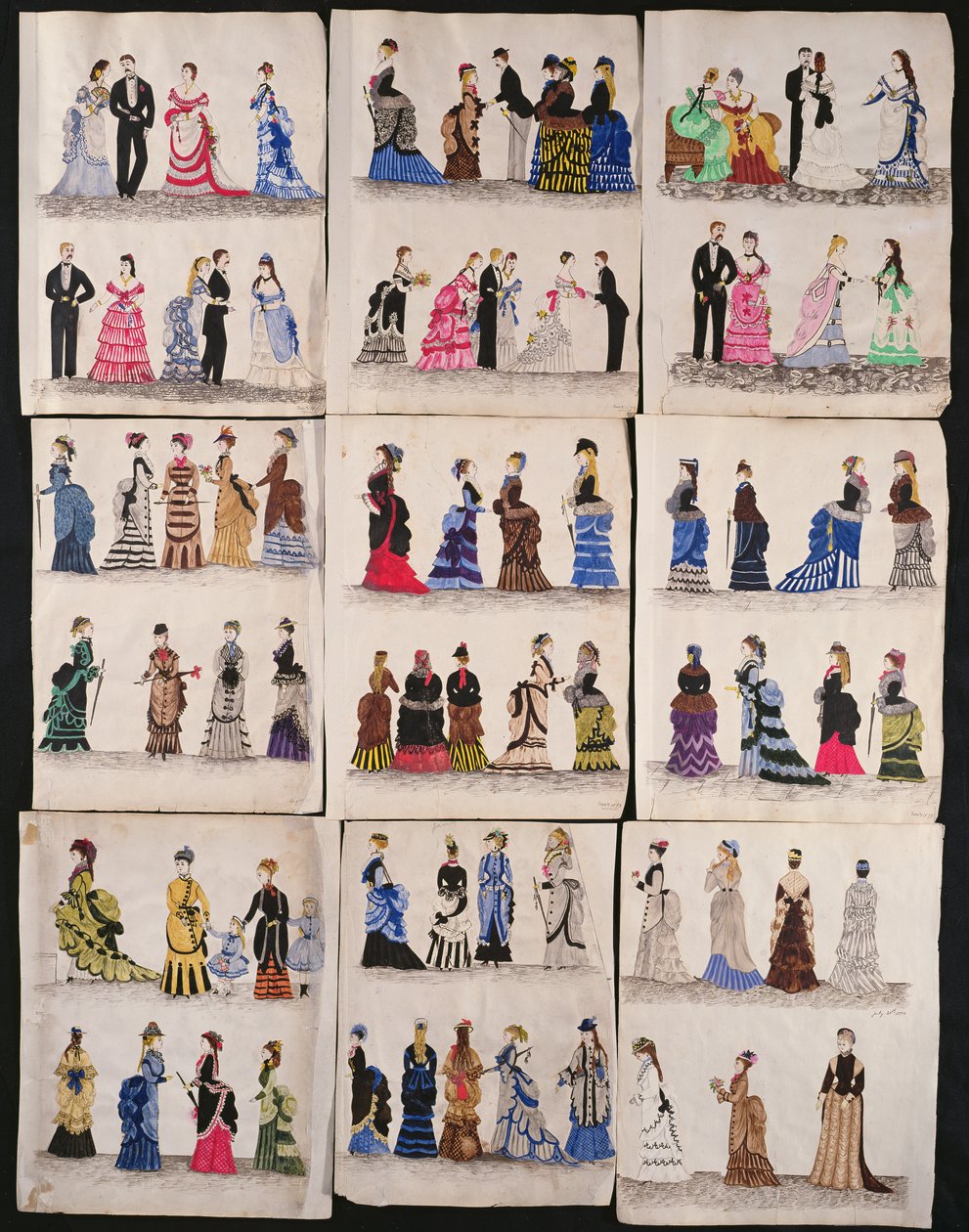 A selection of Victorian fashions including ballroom and walking dresses, c.1876 by English School