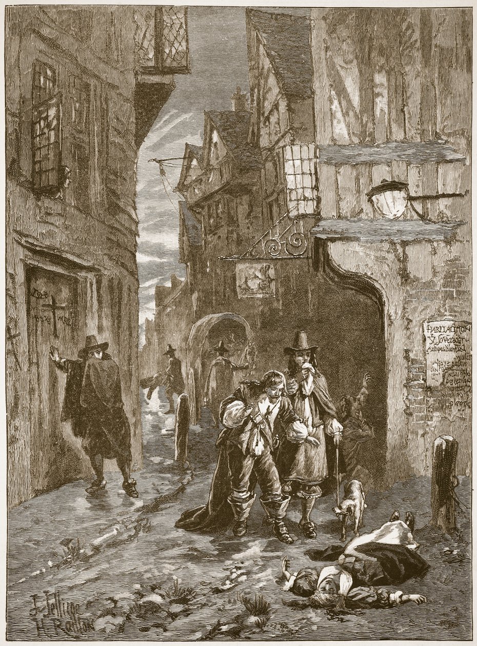 A street in London during the Great Plague, illustration from Cassell