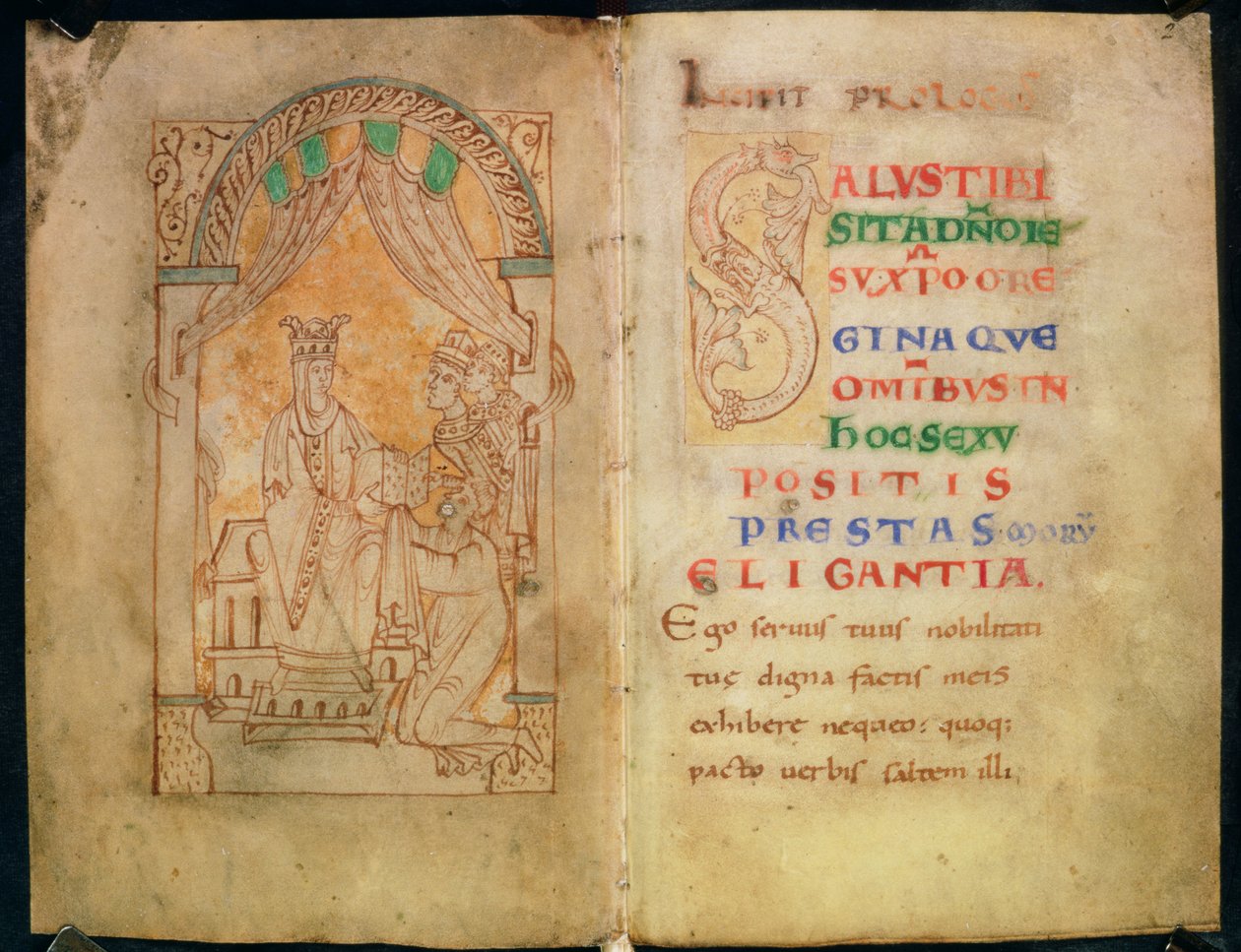 Queen Emma wife of Ethelred II and Cnut receives the book from its author; Capital 