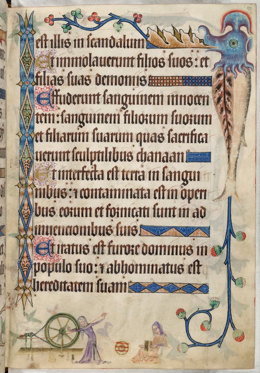 Psalm 105, Women spinning and carding wool, from 
