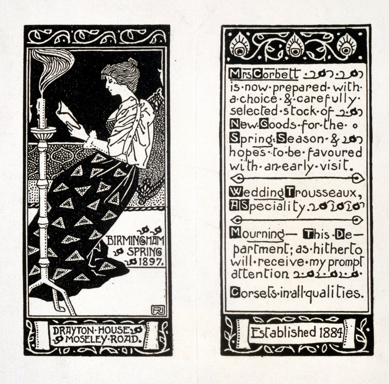 Advertisement for Mrs Corbett at Drayton House, Birmingham, 1897 by English School