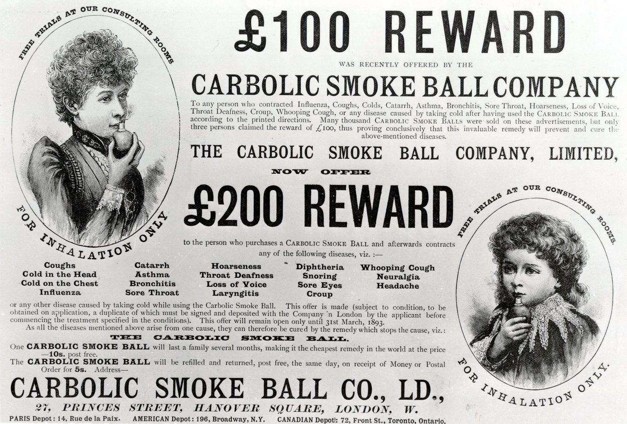 Advertisement for the Carbolic Smoke Ball Company by English School