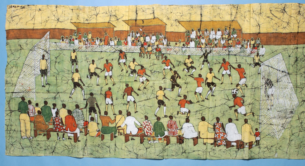 African batik illustrating a football match with crowds watching in the stands by English School