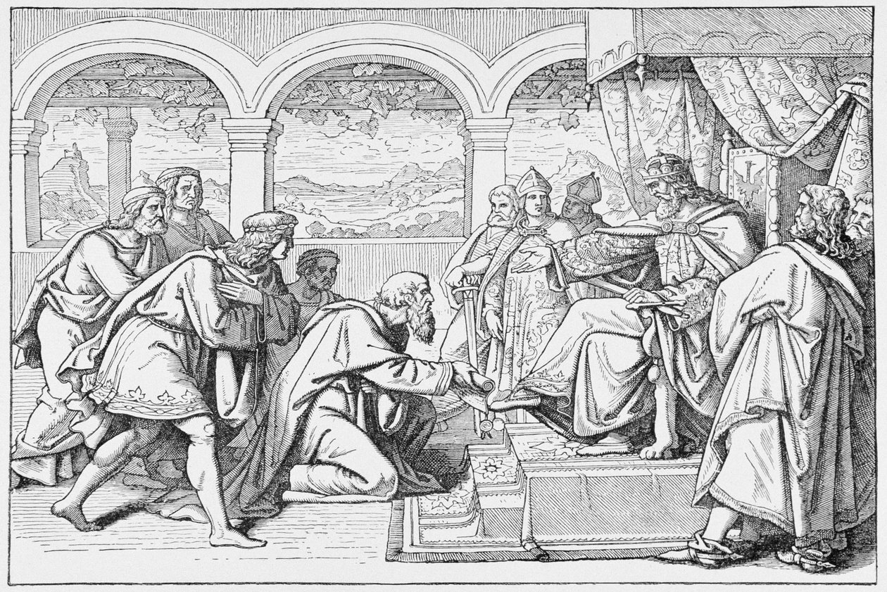 Ambassadors of Haroun al Raschid before Charlemagne, from The History of France, by Emile de Bonnechose by English School