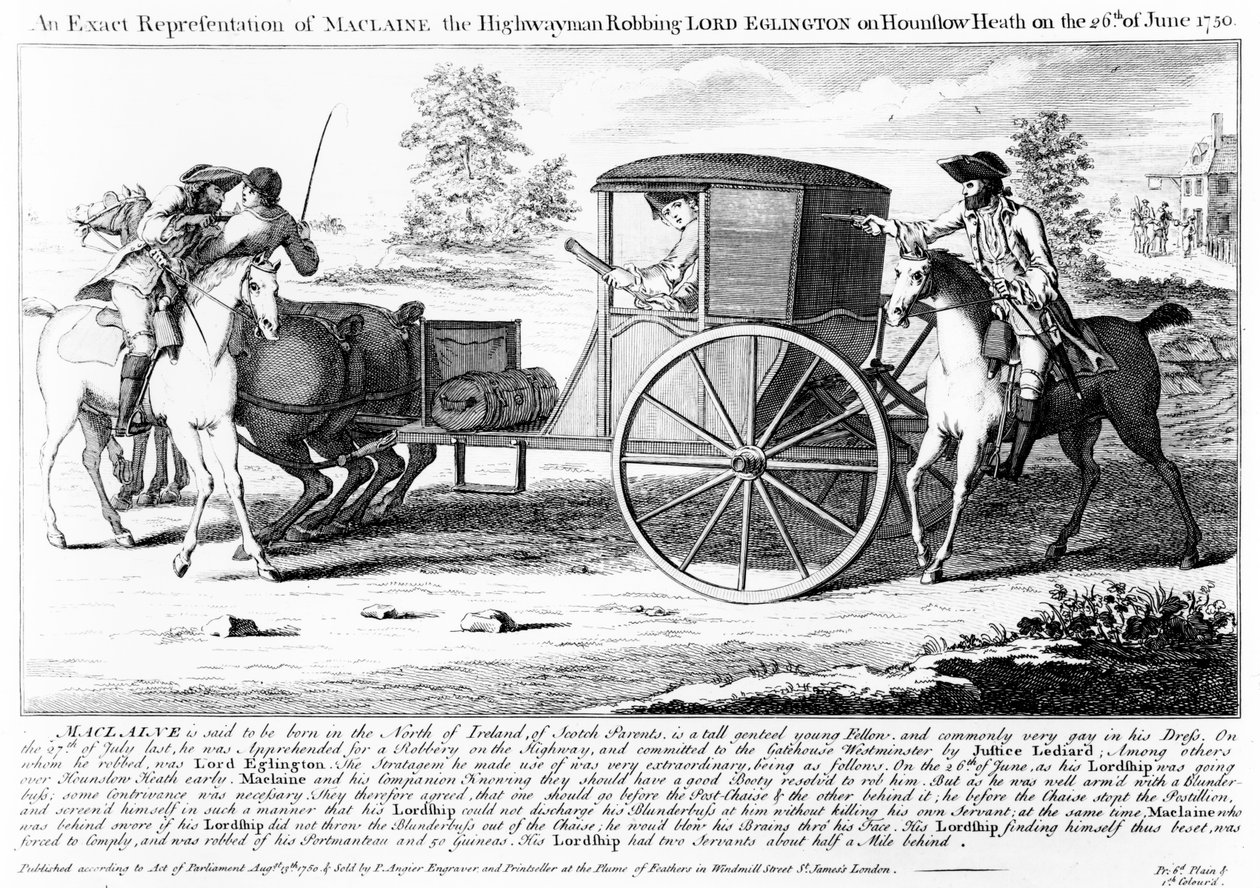 An Exact Representation of Maclaine the Highwayman Robbing Lord Eglington on Hounslow Heath on 26th of June 1750, print made by Charles Mosley, 1750 by English School