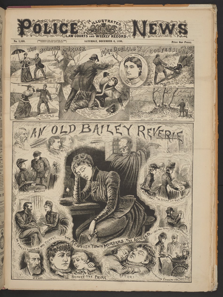 An Old Bailey Reverie, from The Illustrated Police News, Saturday 6th December 1890 by English School